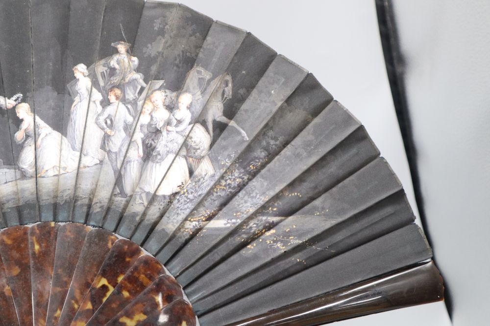 A Duvelleroy Paris tortoiseshell and painted silk fan, two feather fans and a morocco leather sewing box